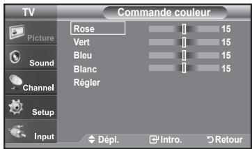 TV Picture Sound Channel Setup Input Commande couleur Rose Vert Bleu Blanc Régler 15 15 15 15 Dépl. Intro. Retour
