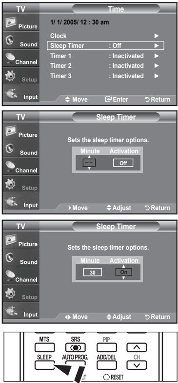 TV Picture Sound Channel Setup Input Time 1/ 1/ 2005/ 12 : 30 am Clock Sleep Timer : Off Timer 1 : Inactivated Timer 2 : Inactivated Timer 3 : Inactivated Move Enter Return TV Picture Sound Channel Setup Input Sleep Timer Sets the sleep timer options. Minute Activation Off Move Adjust Return TV Picture Sound Channel Setup Input Sleep Timer Sets the sleep timer options. Minute Activation 30 On Move Adjust Return MTS SRS PIP SLEEP AUTO PROG. ADDIDEL CH SET RESET
