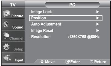 TV Picture Sound Channel Setup Input PC Image Lock Position Auto Adjustment Image Reset Resolution :1360X768 @60Hz Move Enter Return