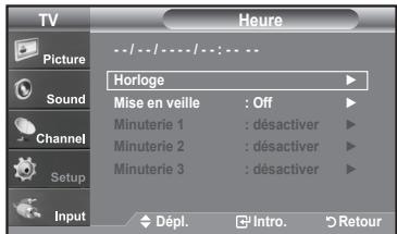 TV Picture Sound Channel Setup Input Heure --/--/----/---:-- Horloge Mise en veille : Off Minuterie 1 : désactiver Minuterie 2 : désactiver Minuterie 3 : désactiver Dépl. Intro. Retour