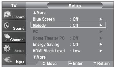 TV Picture Sound Channel Setup Input Setup ▲More Blue Screen : Off Melody : Off PC Home Theater PC : Off Energy Saving : Off HDMI Black Level : Low ▼More Move Enter Return