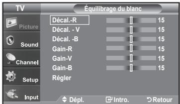 TV Picture Sound Channel Setup Input Décal.-R Décal. - V Décal. -B Gain-R Gain-V Gain-B Régler Équilibrage du blanc 15 15 15 15 15 15 15 Dépl. Intro. Retour