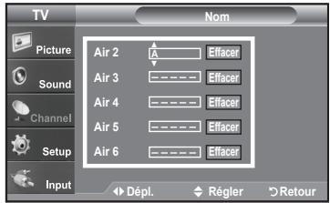 TV Picture Sound Channel Setup Input Air 2 A Y Effacer Air 3 - - - - Efficer Air 4 - - - - Efficer Air 5 - - - - Efficer Air 6 - - - - Efficer Dépl. Régler Retour