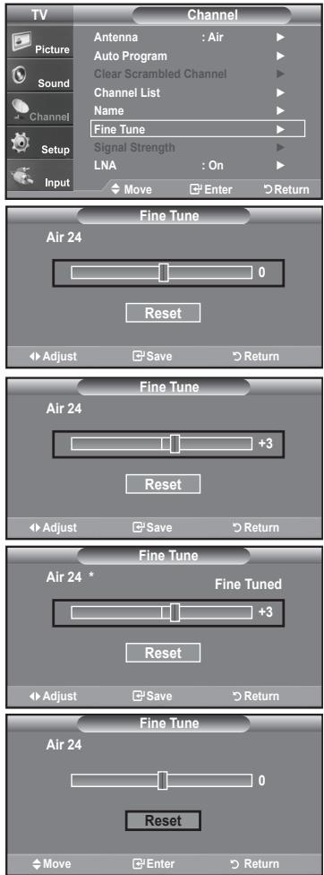 TV Picture Sound Channel Setup Input Channel Antenna : Air Auto Program Clear Scrambled Channel Channel List Name Fine Tune Signal Strength LNA : On Move Enter Return Fine Tune Air 24 0 Reset Adjust Save Return Fine Tune Air 24 +3 Reset Adjust Save Return Fine Tune Air 24 * Fine Tuned +3 Reset Adjust Save Return Fine Tune Air 24 0 Reset Move Enter Return
