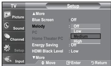TV Picture Sound Channel Setup Input ▲More Blue Screen : Off Melody : Off PC : Low Home Theater PC : Medium Energy Saving : Off HDMI Black Level : Low ▼More Move Enter Return