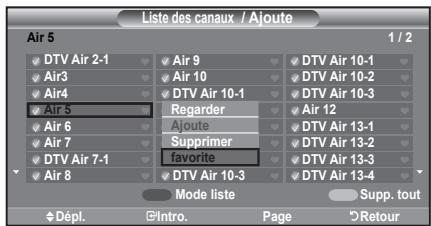 Liste des canaux / Ajoute Air 5 1 / 2 DTV Air 2-1 Air 9 DTV Air 10-1 Air3 Air 10 DTV Air 10-2 Air4 DTV Air 10-1 DTV Air 10-3 Regarder Air 12 Air 6 Ajoute DTV Air 13-1 Air 7 Supprimer DTV Air 13-2 DTV Air 13-3 DTV Air 7-1 favorite DTV Air 13-4 Air 8 DTV Air 10-3 DTV Air 13-4 Mode liste Supp. tout Dépl. Intro. Page Retour
