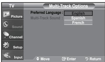 TV Multi-Track Options Preferred Language: English Multi-Track Sound: Spanish French Picture Sound Channel Setup Input Move Enter Return
