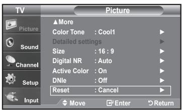 TV Picture ▲More Color Tone : Cool1 Detailed settings Size : 16 : 9 Digital NR : Auto Active Color : On DNie : Off Reset : Cancel Move Enter Return