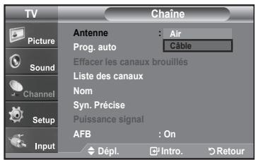 TV Picture Sound Channel Setup Input Chaine Antenne : Air Prog. auto Câble Effacer les canaux brouillés Liste des canaux Nom Syn. Précise Puissance signal AFB : On Dépl. Intro. Retour