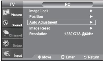 TV Picture Sound Channel Setup Input PC Image Lock Position Auto Adjustment Image Reset Resolution :1360X768 @60Hz Move Enter Return