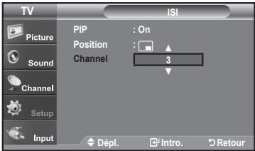TV Picture Sound Channel Setup Input PIP : On Position : Channel 3 Dépl. Intro. Retour