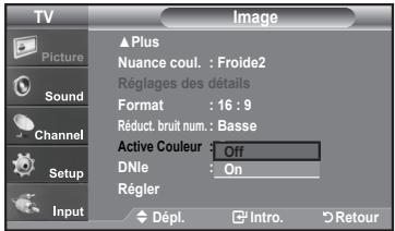 TV Picture Sound Channel Setup Input ▲ Plus Nuance coul. : Froide2 Réglages des détails Format : 16 : 9 Réduct. bruit num. : Basse Active Couleur : Off DNie : On Régler Dépl. Intro. Retour