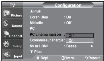 TV Picture Sound Channel Setup Input Configuration ▲ Plus Écran Bleu : On Mélodie : Off PC PC cinéma maison : Off Économiseur énergie : On Nv nr HDMI : Basse ▶ ▼ Plus Dépl. Intro. Retour