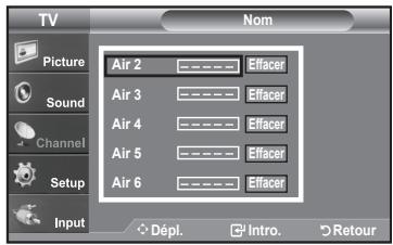 TV Picture Sound Channel Setup Input Air 2 Air 3 Air 4 Air 5 Air 6 Erfacer Erfacer Erfacer Erfacer Dépl. Intro. Retour