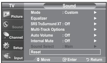TV Sound Picture Mode : Custom ▶ Equalizer ▶ SRS TruSurround XT : Off ▶ Multi-Track Options ▶ Auto Volume : Off ▶ Internal Mute : Off ▶ Sound Select : Main ▶ Reset Input Move Enter Return