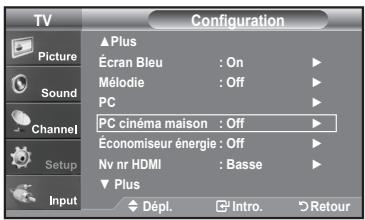 TV Picture Sound Channel Setup Input Configuration ▲ Plus Écran Bleu : On Mélodie : Off PC PC cinéma maison : Off Économiseur énergie : Off Nv nr HDMI : Basse ▼ Plus Dépl. Intro. Retour