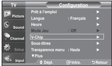 TV Configuration Prêt à l'emploi Langue : Français Heure Mode Jeu : Off Channel V-Chip Sous-titres Transparence menu : Haute Plus Input Dépl. Intro. Retour