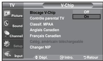 TV V-Chip Picture Sound Channel Setup Input Blocage V-Chip Contrôle parental TV Classif. MPAA Anglais Canadien Français Canadien Catég. américain téléchargeable Changer NIP Dépl. Intro. Retour Off On