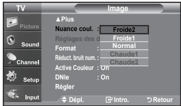TV Picture Sound Channel Setup Input Plus Nuance coul. : Froide2 Réglages des : Froide1 Format : Normal Réduct. bruit num. : Chaude1 Active Couleur : On Chaude2 DNle : On Régler Dépl. Intro. Retour