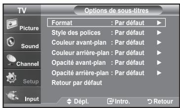 TV Picture Sound Channel Setup Input Options de sous-titres Format : Par défaut ▶ Style des polices : Par défaut ▶ Couleur avant-plan : Par défaut ▶ Couleur arrière-plan : Par défaut ▶ Opacité avant-plan : Par défaut ▶ Opacité arrière-plan : Par défaut ▶ Retour par défaut Dépl. Intro. Retour