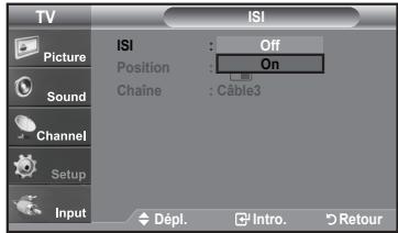 TV Picture Sound Channel Setup Input ISI Position Chaîne Off On Câble3 Dépl. Intro. Retour