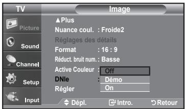 TV Picture Sound Channel Setup Input ▲ Plus Nuance coul. : Froide2 Réglages des détails Format : 16 : 9 Réduct. bruit num. : Basse Active Couleur : Off DNle : Démon Régler On Dépl. Intro. Retour