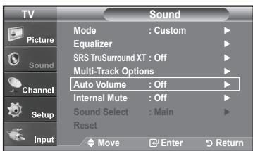 TV Sound Picture Mode : Custom ▶ Equalizer ▶ SRS TruSurround XT : Off ▶ Multi-Track Options ▶ Auto Volume : Off ▶ Internal Mute : Off ▶ Sound Select : Main ▶ Reset Move Enter Return