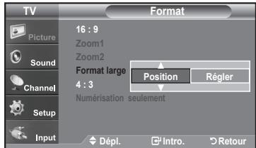 TV Picture Sound Channel Setup Input Format 16 : 9 Zoom1 Zoom2 Format large 4 : 3 Position Régler Numérisation seulement Dépl. Intro. Retour