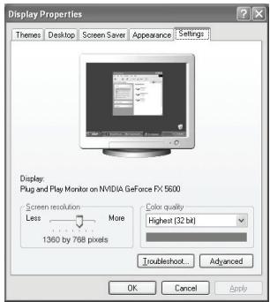 Display Properties Themes Desktop Screen Save Appearance Settings Display: Plug and Play Monitor on NVIDIA GeForce FX: 5600 Screen resolution More Less 1360 by 708 pixels Color quality Highest (32 bit) Troubleshoot Advanced OK Cancel Apply