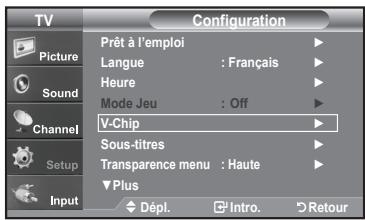 TV Configuration Picture Sound Channel Setup Input Prêt à l'emploi Langue : Français Heure Mode Jeu : Off V-Chip Sous-titres Transparence menu : Haute Plus Dépl. Intro. Retour