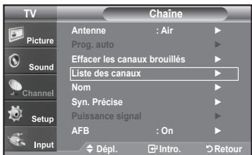 TV Picture Sound Channel Setup Input Chaine Antenne : Air Prog. auto Effacer les canaux brouillés Liste des canaux Nom Syn. Précise Puissance signal AFB : On Dépl. Intro. Retour