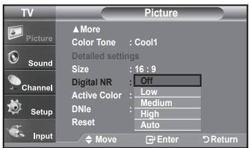 TV Picture ▲More Color Tone : Cool1 Detailed settings Size : 16 : 9 Digital NR : Off Active Color : Low DNle : Medium Reset : High Auto Input Move Enter Return