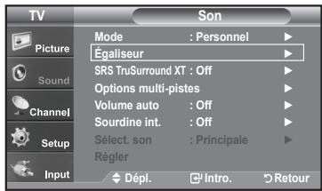 TV Picture Sound Channel Setup Input Mode : Personnel ▶ Égaliseur ▶ SRS TruSurround XT : Off ▶ Options multi-pistes ▶ Volume auto : Off ▶ Sourdine int. : Off ▶ Sélect. son : Principale ▶ Régler Dépl. Intro. Retour