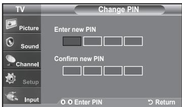 TV Picture Sound Channel Setup Input Change PIN Enter new PIN Confirm new PIN 0 0 Enter PIN Return