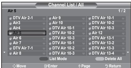 Channel List / All Air 5 1 / 2 ✓ DTV Air 2-1 ✓ Air 9 ✓ DTV Air 10-1 ✓ Air3 ✓ Air 10 ✓ DTV Air 10-2 ✓ Air4 ✓ DTV Air 10-1 ✓ DTV Air 10-3 ✓ Air 5 ✓ DTV Air 10-2 ✓ Air 12 ✓ Air 6 ✓ DTV Air 10-3 ✓ DTV Air 13-1 ✓ Air 7 ✓ DTV Air 10-1 ✓ DTV Air 13-2 ✓ DTV Air 7-1 ✓ DTV Air 10-2 ✓ DTV Air 13-3 ✓ Air 8 ✓ DTV Air 10-3 ✓ DTV Air 13-4 List Mode Delete All Move Enter Page Return