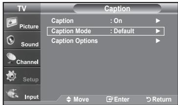 TV Picture Sound Channel Setup Input Caption Caption Mode : On Default Caption Options Move Enter Return