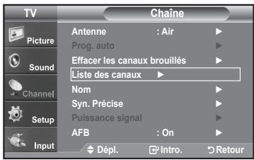 TV Picture Sound Channel Setup Input Chaine Antenne : Air Prog. auto Effacer les canaux brouillés Liste des canaux ▶ Nom Syn. Précise Puissance signal AFB : On Dépl. Intro. Retour