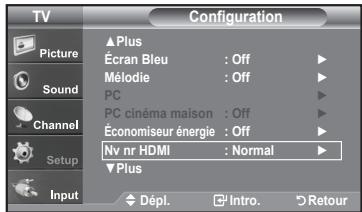TV Configuration Picture Sound Channel Setup Input ▲ Plus Écran Bleu : Off Mélodie : Off PC PC cinéma maison : Off Économiseur énergie : Off Nv nr HDMI : Normal ▼ Plus Dépl. Intro. Retour