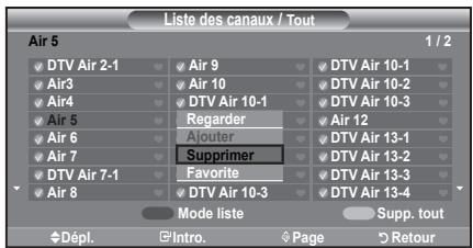 Liste des canaux / Tout Air 5 1 / 2 DTV Air 2-1 Air 9 DTV Air 10-1 Air3 Air 10 DTV Air 10-2 Air4 DTV Air 10-1 DTV Air 10-3 Air 5 Regarder Air 12 Air 6 Ajouter DTV Air 13-1 Air 7 Supprimer DTV Air 13-2 DTV Air 13-3 Air 7-1 Favorite DTV Air 13-4 Air 8 DTV Air 10-3 DTV Air 13-4 Mode liste Supp. tout Dépl. Intro. Page Retour