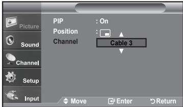 Picture Sound Channel Setup Input PIP : On Position : Channel Cable 3 Move Enter Return