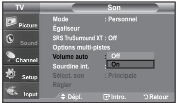 TV Picture Sound Channel Setup Input Mode : Personnel Égaliseur SRS TruSurround XT : Off Options multi-pistes Volume auto : Off Sourdine int. : On Sélect. son : Principale Régler Dépl. Intro. Retour