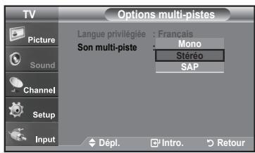 TV Options multi-pistes Picture Sound Channel Setup Input Langue privilégiée : Français Son multi-piste Mono Stéréo SAP Dépl. Intro. Retour