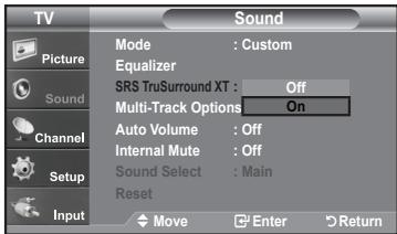 TV Sound Picture Mode : Custom Equalizer SRS TruSurround XT : Off Multi-Track Options On Auto Volume : Off Internal Mute : Off Sound Select : Main Reset Move Enter Return