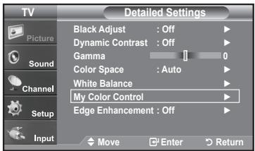 TV Picture Sound Channel Setup Input Detailed Settings Black Adjust : Off Dynamic Contrast : Off Gamma 0 Color Space : Auto White Balance My Color Control Edge Enhancement : Off Move Enter Return