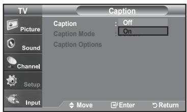TV Picture Sound Channel Setup Input Caption Caption Mode Caption Options Off On Move Enter Return