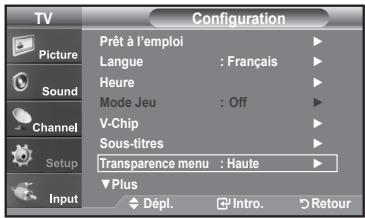TV Configuration Picture Sound Channel Setup Input Prêt à l'emploi Langue : Français Heure Mode Jeu : Off V-Chip Sous-titres Transparence menu : Haute Plus Dépl. Intro. Retour