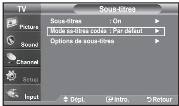TV Picture Sound Channel Setup Input Sous-titres : On Mode ss-titres codés : Par défaut Options de sous-titres Dépl. Intro. Retour