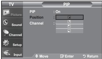 TV PIP Picture Sound Channel Setup Input PIP : On Position : Channel : Move Enter Return