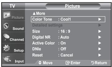 TV Picture ▲More Color Tone : Cool1 Detailed settings Size : 16 : 9 Digital NR : Auto Active Color : On DNle : Off Reset : Cancel Input Move Enter Return
