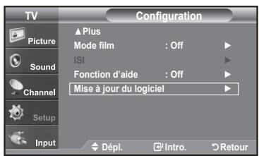 TV Configuration ▲Plus Mode film : Off ▶ ISI ▶ Fonction d'aide : Off ▶ Mise à jour du logiciel ▶ Input Dépl. □Intro. ▷Retour